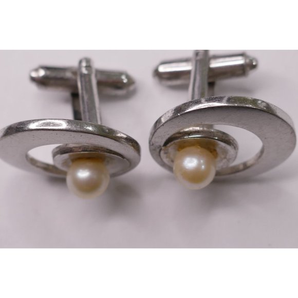 MCM Signed P&K Sterling Silver Atomic Look Cuff Links With Pearls Wedding Prom - Picture 9 of 12